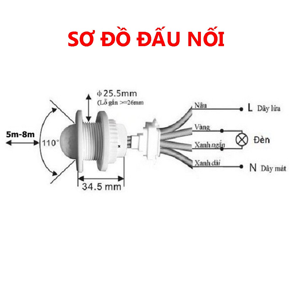 Công tắc cảm biến chuyển động hồng ngoại bật tắt đèn tự động 220V - Có điều chỉnh thời gian và độ nhạy