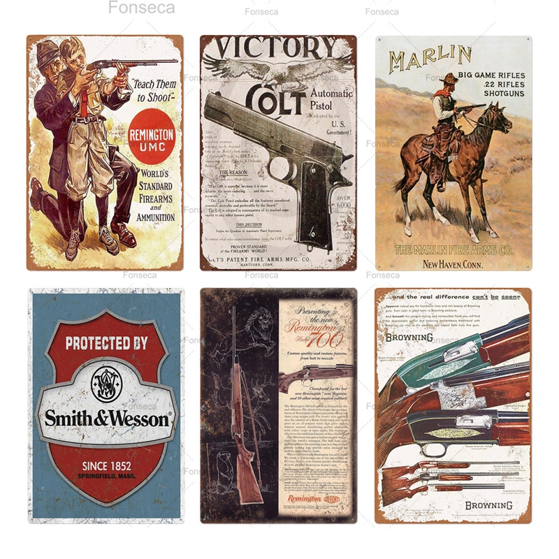 Guns Vintage Tin Sign Plaque Metal Vintage Retro Metal Sign Wall Decor for Man Cave Gun Shop Decorative Metal Plate