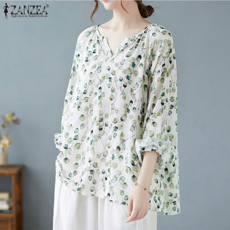 Áo dáng dài ZANZEA dáng rộng tay dài cổ chữ V cổ tay co giãn in họa tiết vintage thời trang cho nữ