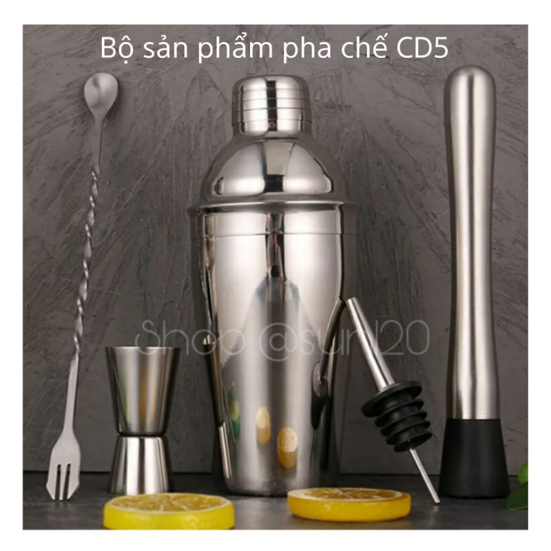 Bộ 5 dụng cụ pha chế inox CD5 pha chế cocktail trà sữa | cocktail shaker set 5 món định lượng quầy bar