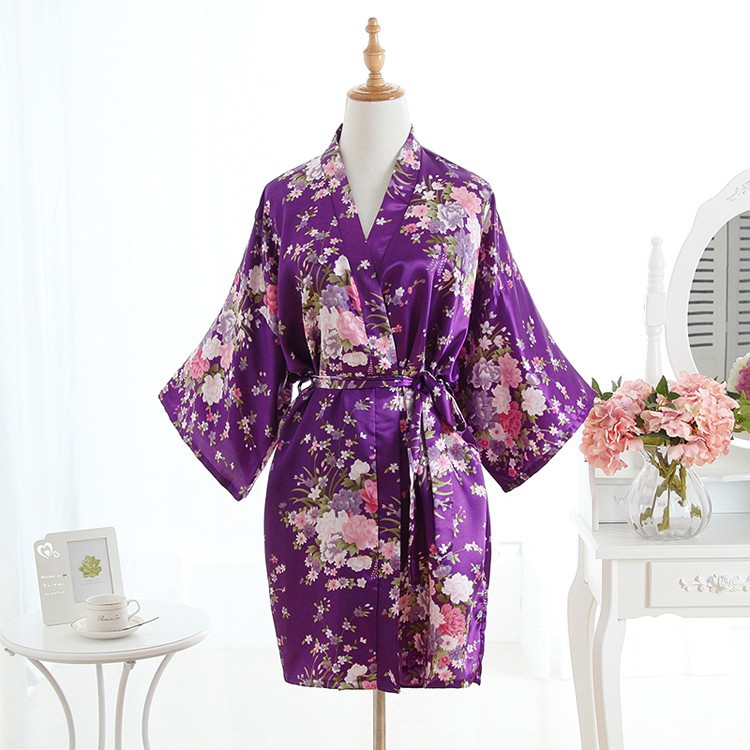 Áo Choàng Tắm Kimono Vải Satin In Hoa Dành Cho Nữ
