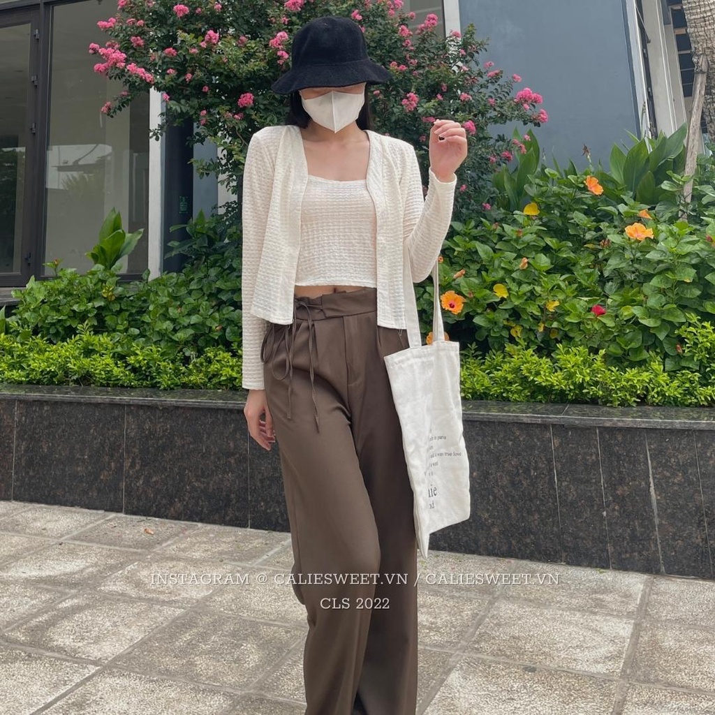 Quần vải ống rộng thắt dây eo Caliesweet quần ống rộng nữ chất tuyết mưa mịn siêu xinh