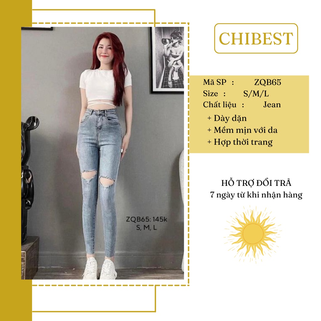 Quần jeans nữ rách quần jeans nữ lưng cao ôm dáng Kiểu khoét 2 bên gối cắt line CHIBEST ZQB65