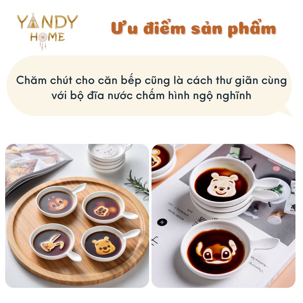 Đĩa nước chấm gốm sứ YANDY HOME D05 men bóng đẹp cute hình Pooh Micky Stich Sóc Thỏ