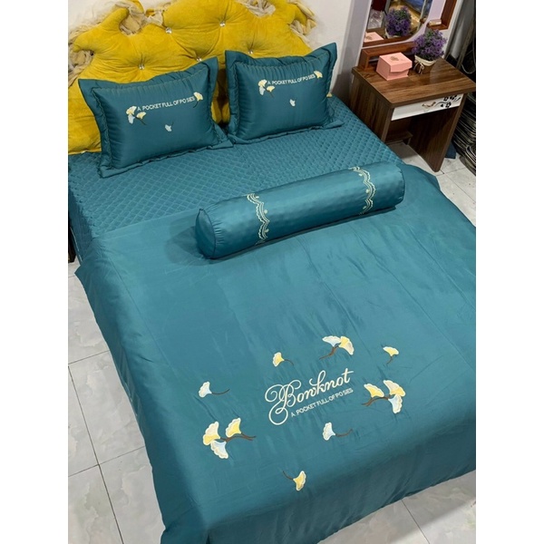 Bộ chăn ga gối phi lụa 5 món trần bông thêu hoa sang trọng SHOP VŨ THỊ THƠM