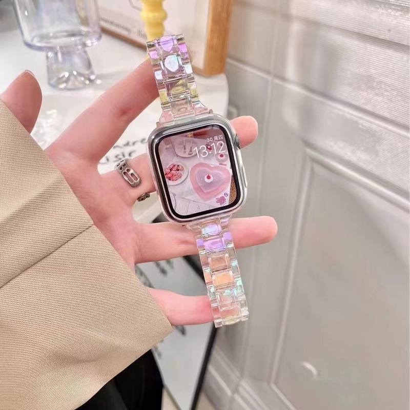 Dây Đeo Đồng Hồ Bằng Nhựa Trong Suốt Màu Laser Cầu Vồng Cho Apple Watch 7 41mm 45mm 38 40mm 42 44mm iWatch 7 6 5 se 4 3 2