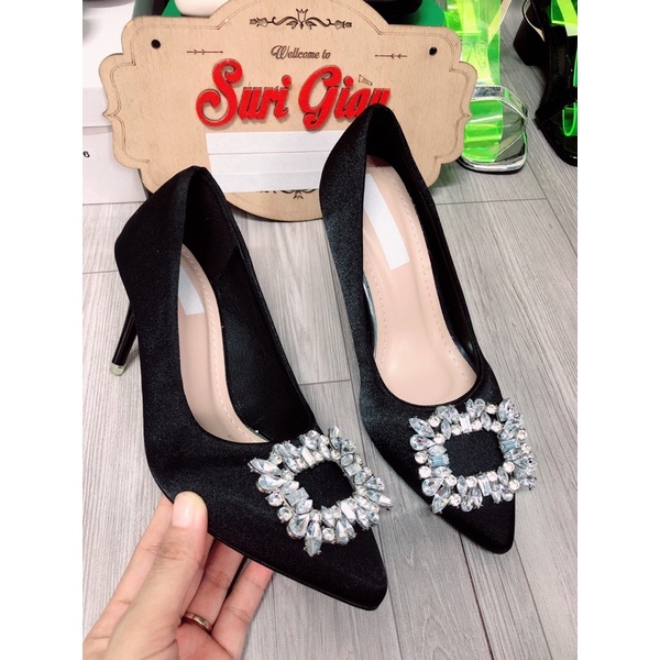 G22 Giày cao gót nữ hoa đá vuông vải lụa cao 7p sang chảnh