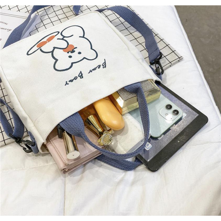 ❤️BÁN LỖ XIN ĐÁNH GIÁ❤️ Túi ToTe Vải Canvas Đeo Chéo Cầm Tay In Hình Gấu Dễ Thương DC0001