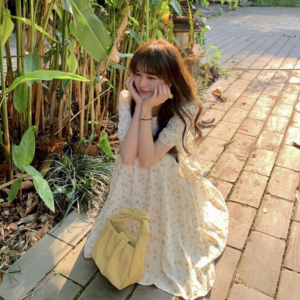 Đầm babydoll hoa nhí dáng dài ulzzang, Váy nữ xoè hoa nhí tay bồng