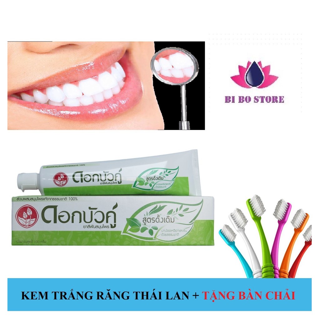 Kem Đánh Răng Trắng Sáng Thảo Dược Dok Bua Ku Thái Lan 150gr + Tặng Kèm Bàn Chải Đánh Răng Cao Cấp