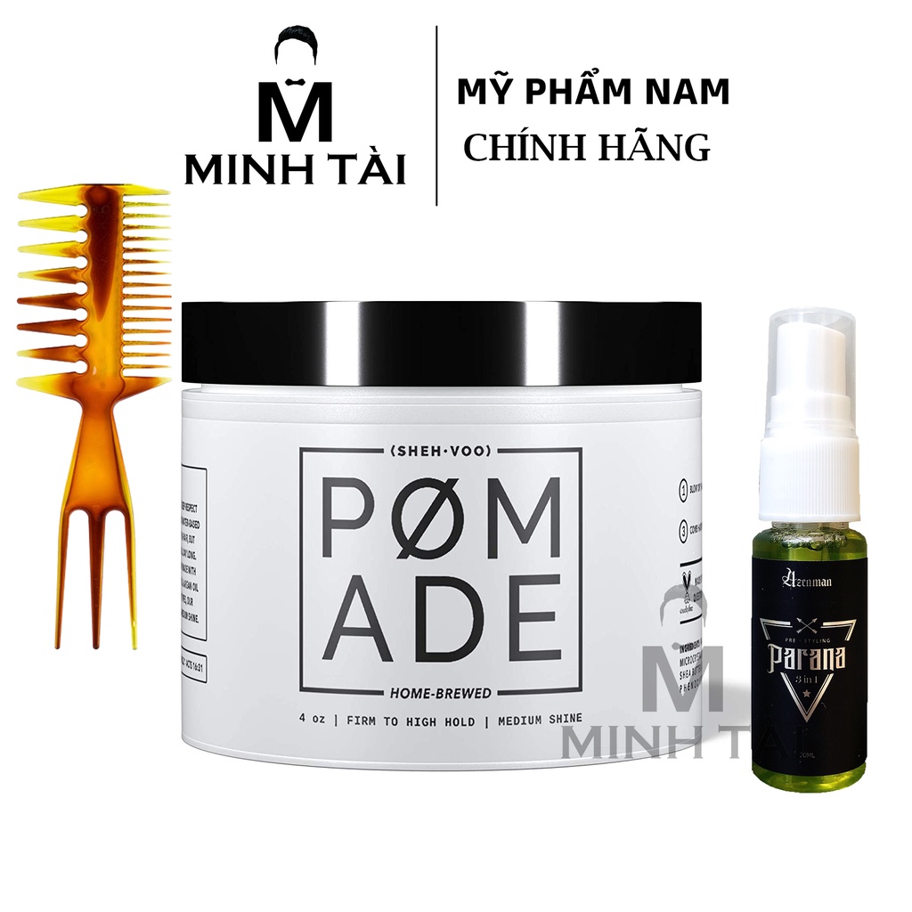 Sáp Vuốt Tóc Nam SHEH - VOO Pomade + Xịt Tạo Phồng AZENMAN Parana 3 In 1 - 20ml + Lược Chải Tóc Texture