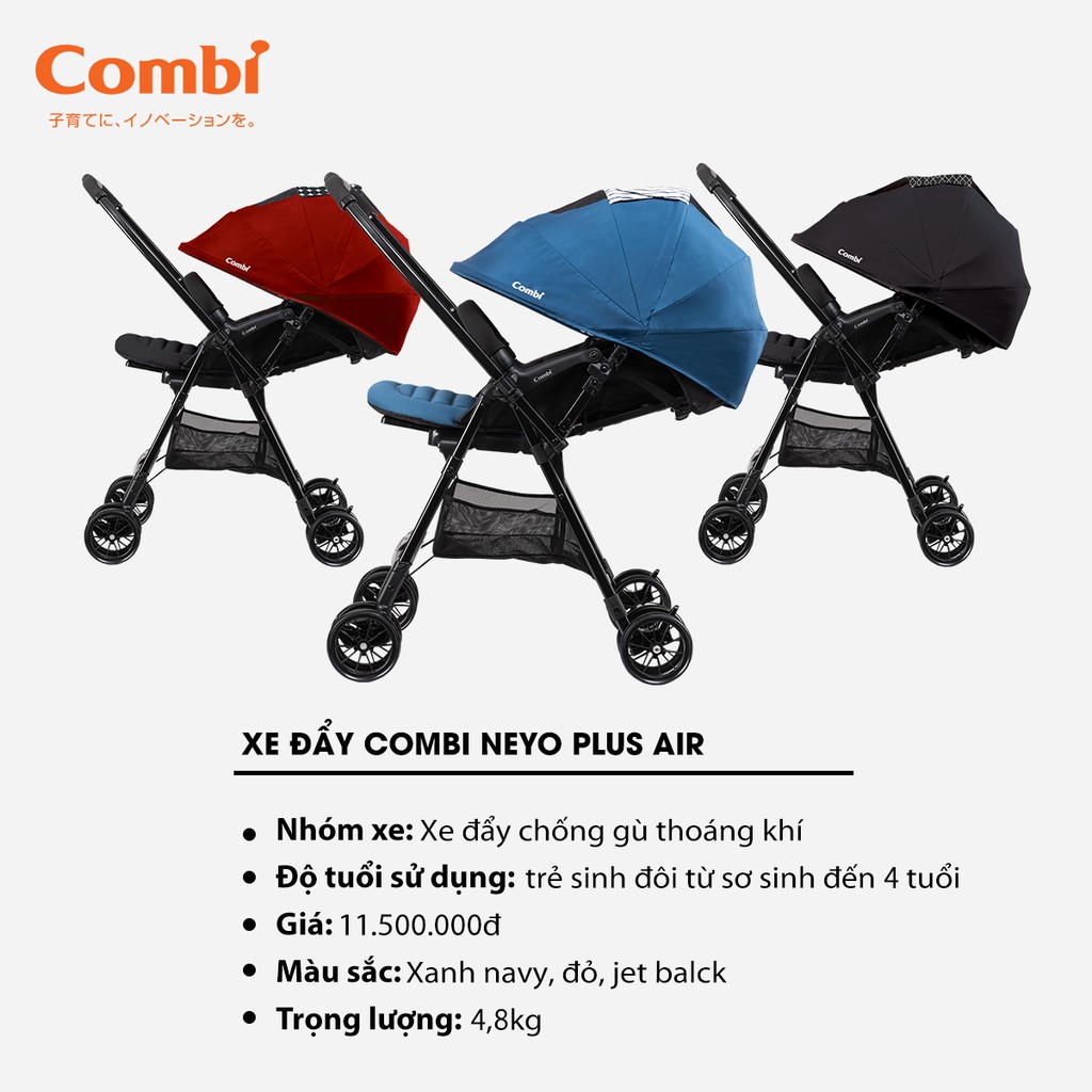 Xe đẩy Combi Neyo Plus Air màu jet black/ xanh navy/ đỏ