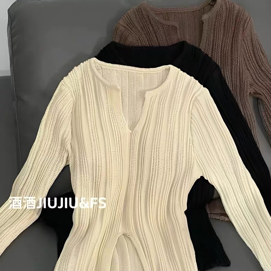 SUXI Áo kiểu dệt kim dài tay cổ chữ V đơn giản thời trang mùa thu dành cho nữ