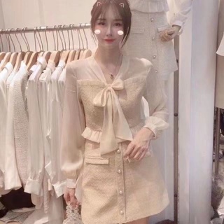 Set áo cổ nơ tay voan và chân váy dạ tweed tiểu thư vintage