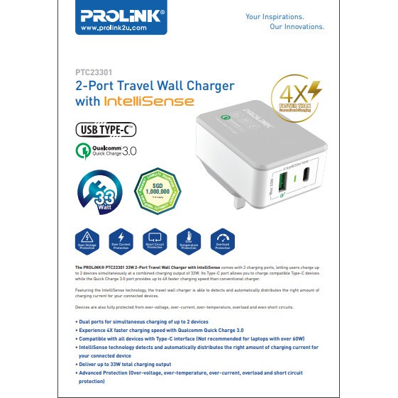 Củ sạc nhanh 33W PROLiNK PTC23301 có 2 cổng USB-A & USB-C dành cho iPhone, iPad, Samsung, Xiaomi