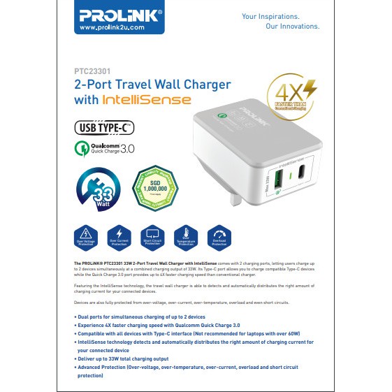 Củ sạc nhanh 33W PROLiNK PTC23301 có 2 cổng USB-A &amp; USB-C dành cho iPhone, iPad, Samsung, Xiaomi