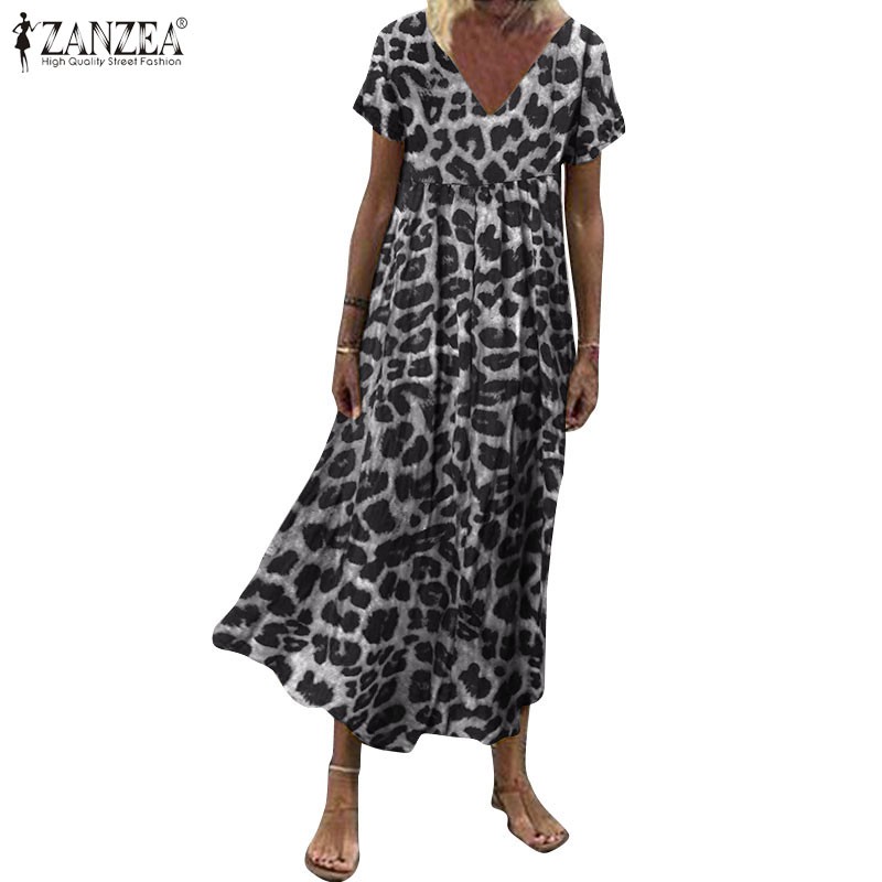 Váy ZANZEA Tay Ngắn Cổ Chữ V Họa Tiết Đốm Da Báo Kiểu Dáng Thời Trang Cho Nữ