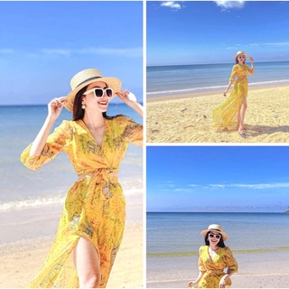 Váy Maxi, Đầm Maxi Đi Biển SS02 Họa Tiết Vàng Báo Chất Voan, Xẻ Tà, Hack Dáng, Khoe Chân Dài Miên Man