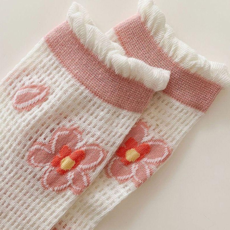 Tất cổ cao, Vớ dài nữ vải ren thoáng khí co giãn 4 chiều họa tiết hoa nhí dễ thương phong cách Hàn Quốc đẹp TD047