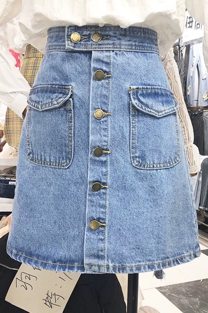 (Order) Có bigsize - Chân váy chữ A jeans cài cúc dọc phối 2 túi trc