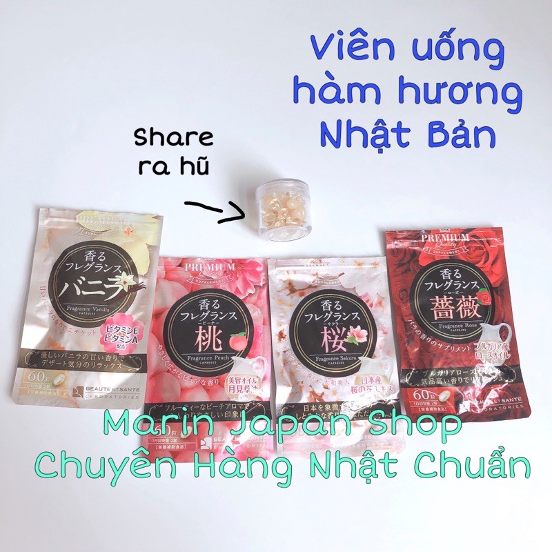 (Hàng Nhật Chuẩn, Sale 40%)Viên tinh chất hàm hương thơm cơ thể   F Hương hoa hồng,vani,đào tiên,sakura Nhật Bản hebora