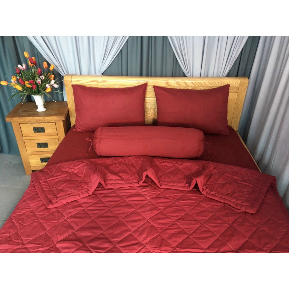 Bộ Drap Giường Cotton 100% Phong Cách Một Màu Sang Trọng AT HOME - Màu Đỏ