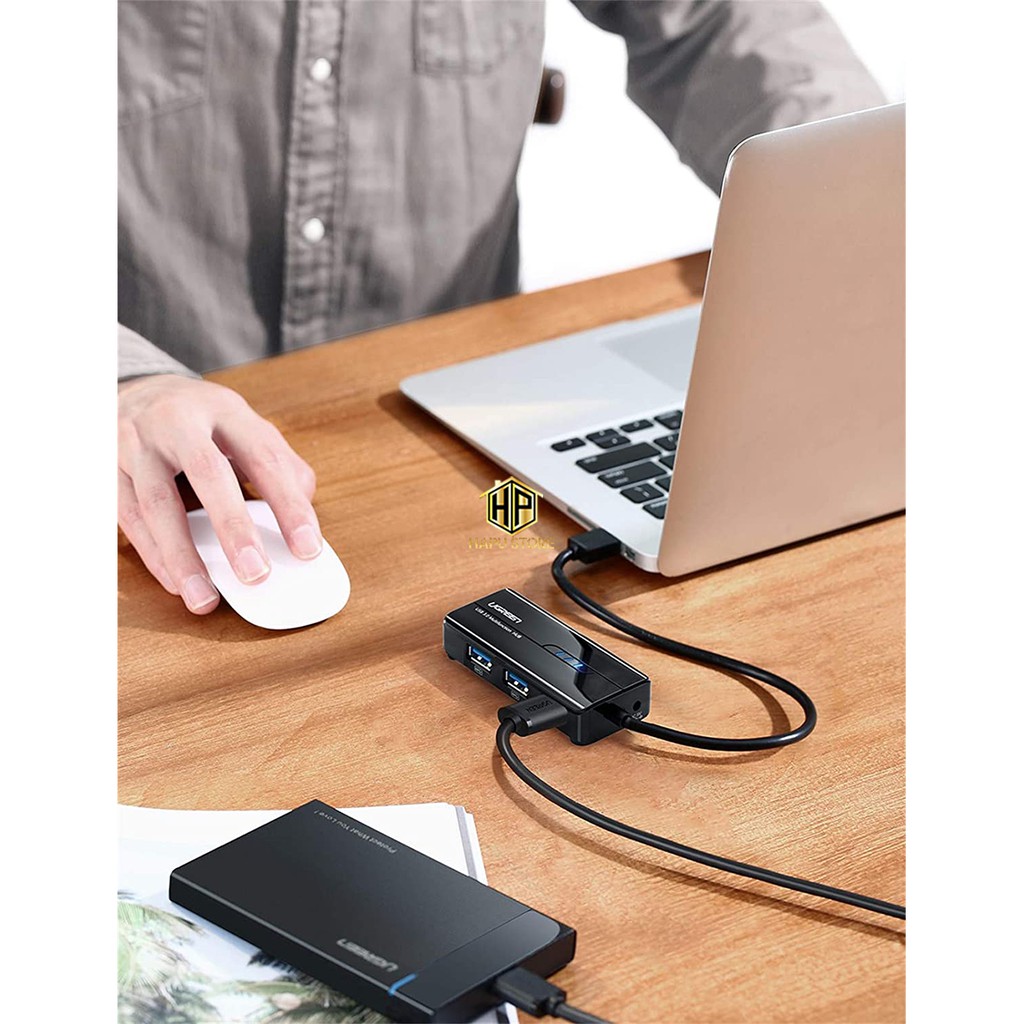 HUB USB 3 cổng 3.0 Ugreen 20265 kèm cổng LAN 10/100/1000 Mbps tốc độ cao - Hapustore