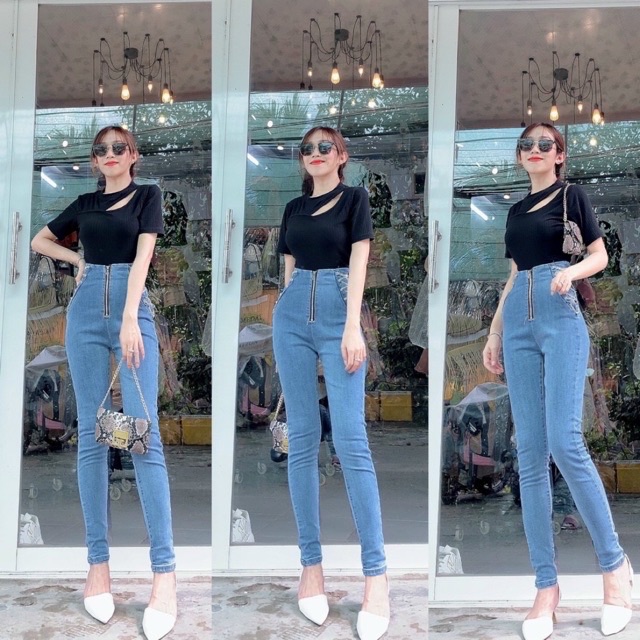 Quần jeans phối xích lưng siêu cao siêu hách dáng