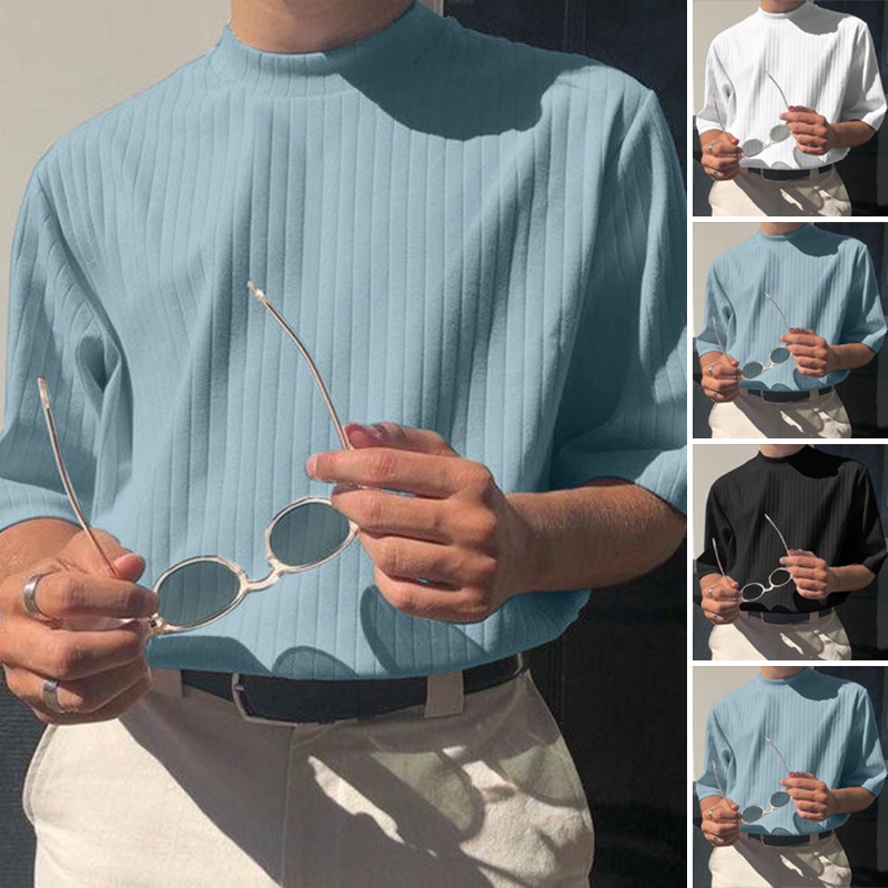 Áo Thun Nam Cổ Rùa Tay Lửng Màu Trơn