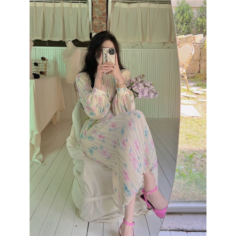 Đầm nữ tiểu thư dập ly dáng dài cổ tròn thanh lịch maxi đi biển AK3060