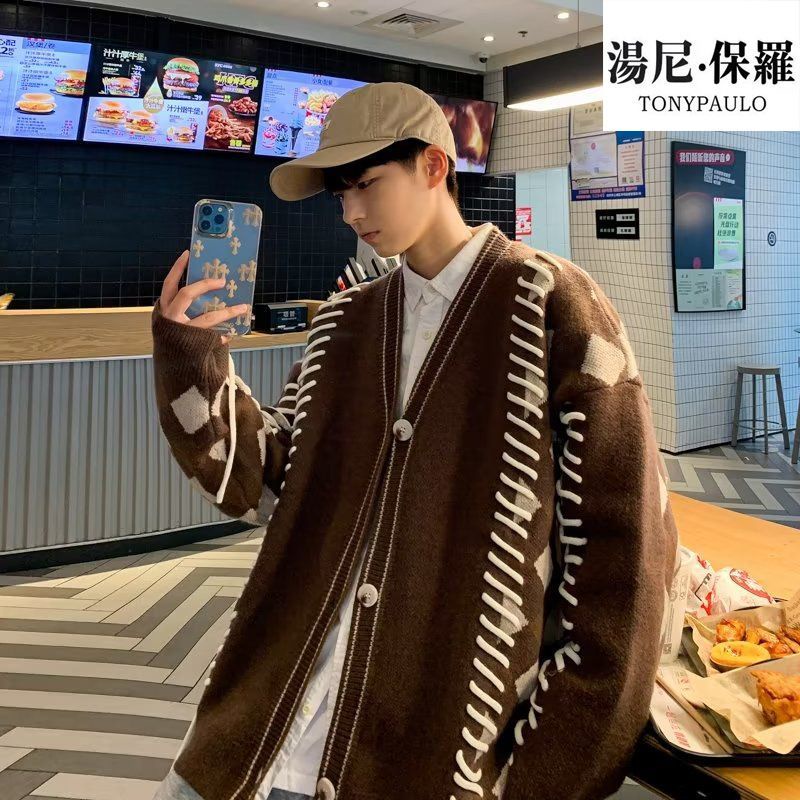 Áo Khoác Cardigan Dài Tay Dáng Rộng Thời Trang Retro Pháp Dành Cho Nam