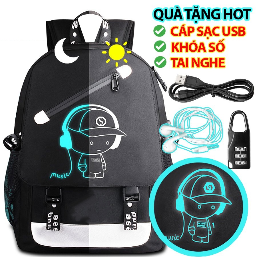 Balo nam phát sáng Hình Mắt, Tặng Cáp Sạc USB, Khóa Số Chống Chộm