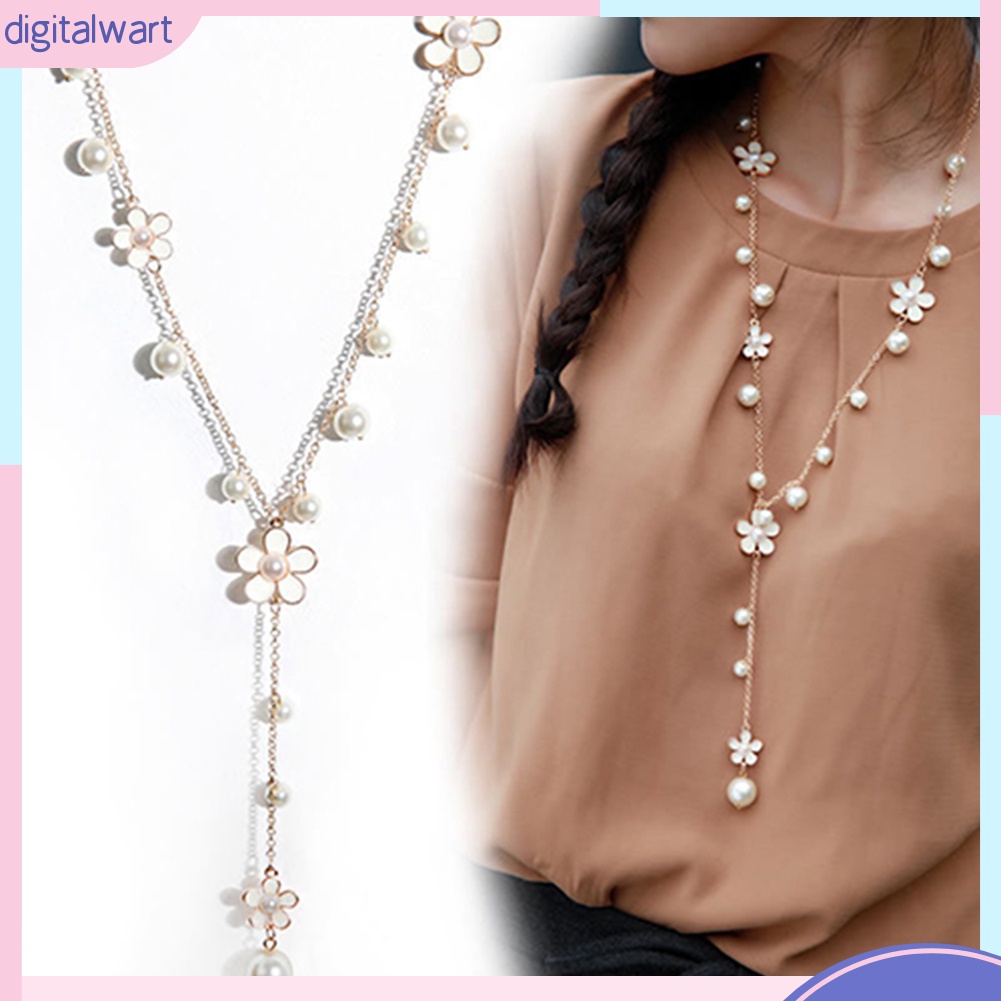 Vòng cổ Dáng Dài Mặt Hình Hoa Đính Ngọc Trai Nhân Tạo Thời Trang