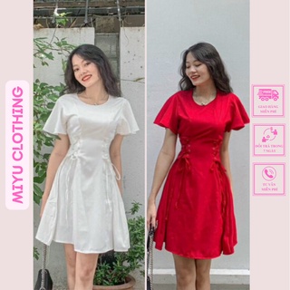 Đầm đẹp dáng xòe váy nữ trắng ngắn dạo phố tay loe eo thắt kiểu xéo chất liệu cotton gân mịn 2 lớp MiyuClothing
