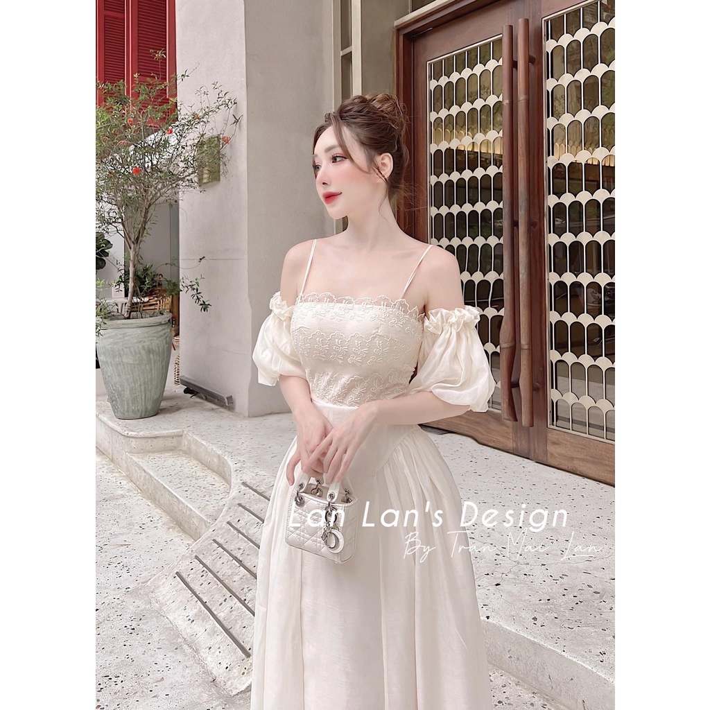 Váy trễ vai ren hoa tay bồng dáng dài 2 dây DN588