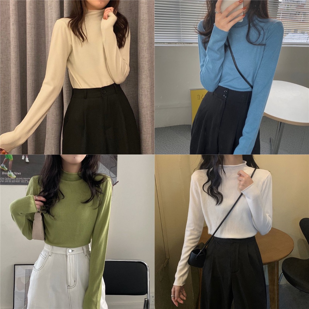 Áo thun tay dài cổ lộ màu trơn thời trang thu đông xinh xắn cho nữ