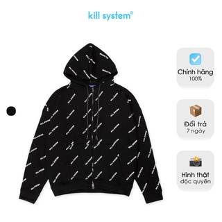 Áo khoác hoodie zip màu đen Kill System chữ xéo nam nữ vải chân cua, co giãn tốt, dày dặn, phong cách unisex