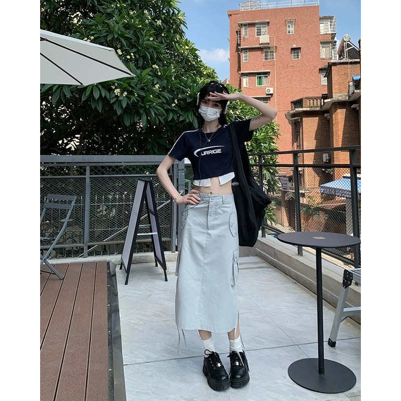 Áo croptop tay ngắn / Chân váy Xiaozhainv thời trang retro cho nữ