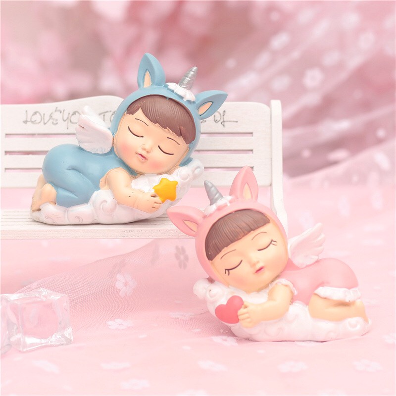 Trang trí bánh sinh nhật, bánh kem - cặp đôi em bé thiên thần nằm ngủ ( 2 bé )