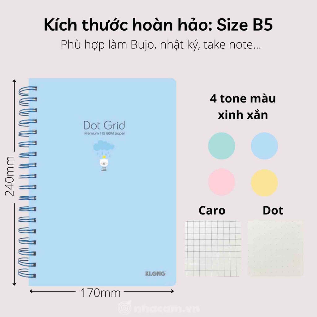 Sổ Klong Dot Grid B5 Lò Xo Kép Giấy 120 GSM 200 Trang