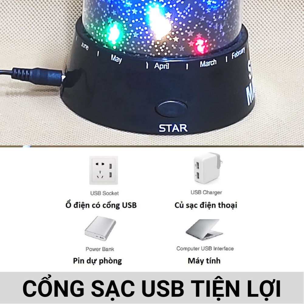 Đèn ngủ led trang trí chiếu sao hình Trụ cổng cắm điện cổng USB và dùng pin KM 26012