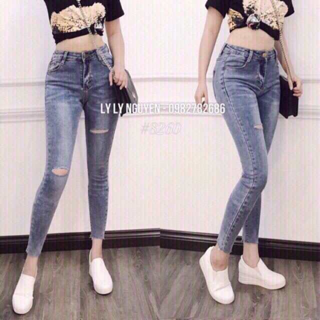 Quần bò jeans rách gối vằn mèo nữ