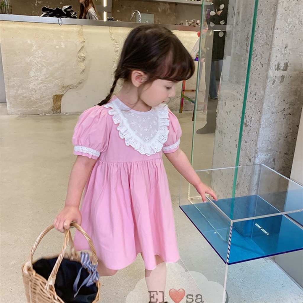 Váy bé gái basic cổ trắng thêu hoa hình tim nổi 2 màu xanh hồng cho bé gái từ 8 đến 20 kg