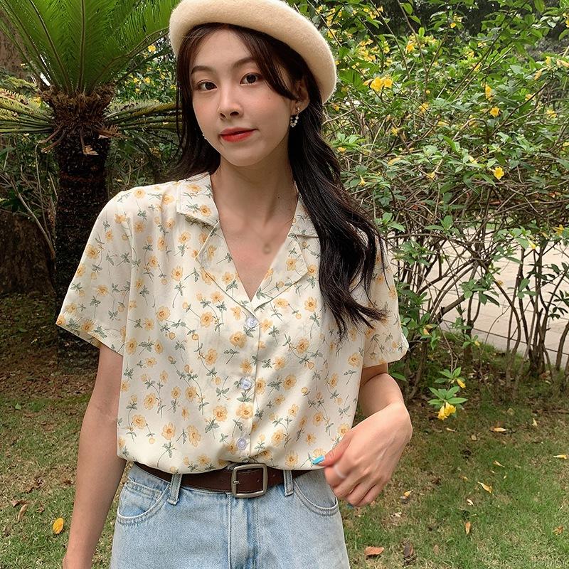 Áo Kiểu Tay Ngắn Chất Chiffon Hoạ Tiết Hoa Cho Nữ