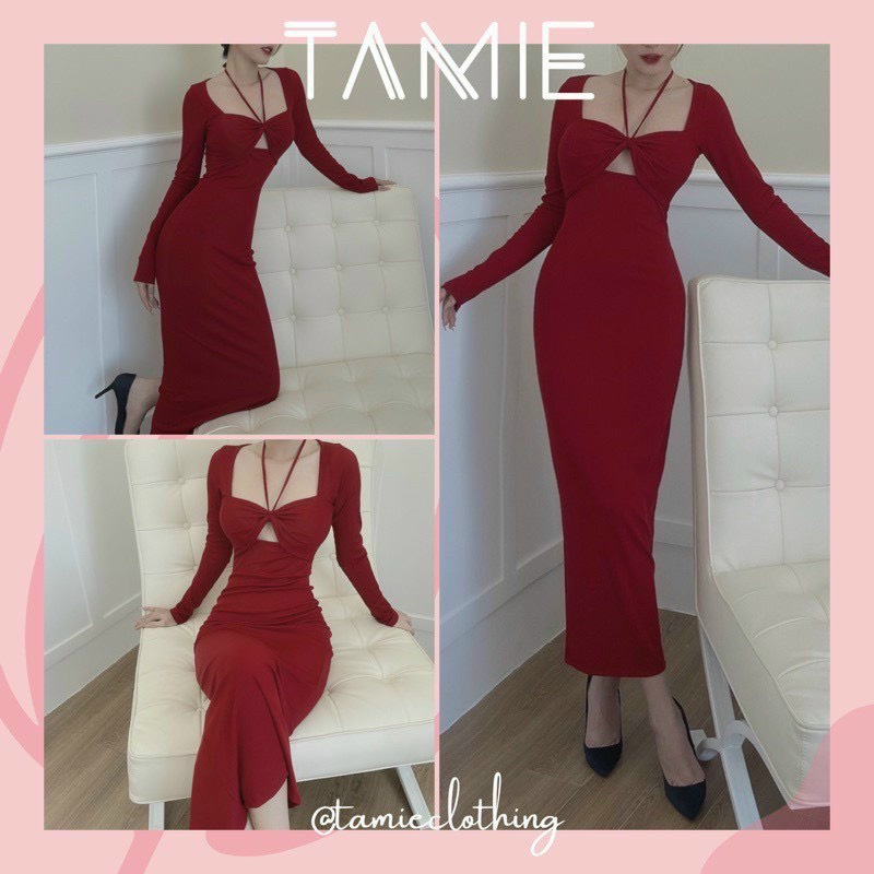 đầm nữ, đầm tay dài, đầm kiểu hở ngực, thun gân th