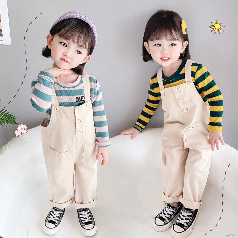 Set trang phục áo thun tay dài họa tiết kẻ sọc và quần yếm dài phong cách Hàn Quốc xinh xắn dành cho bé gái