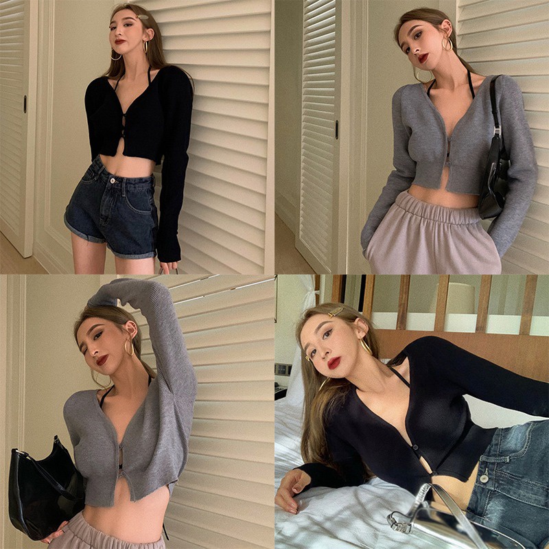 Áo Croptop Tay Dài Cổ Chữ V Màu Sắc Thanh Lịch