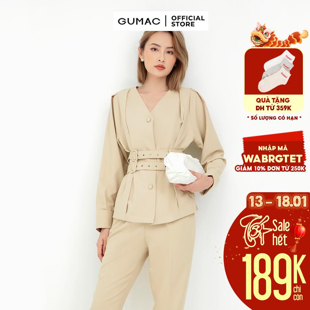 [Mã WABRGUM giảm 10% tối đa 30K đơn 99K] Áo kiểu nữ phối phụ kiện GUMAC tay dài cổ tim sang trọng AB5131