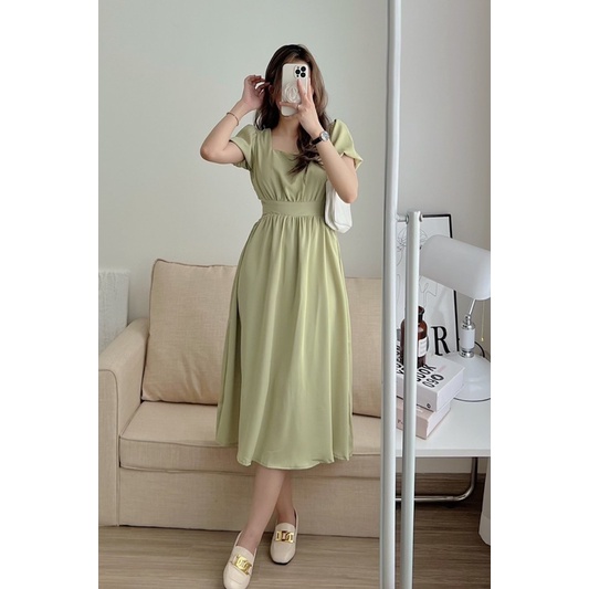 Đầm váy midi khoét eo cổ vuông tay bồng siêu xinh