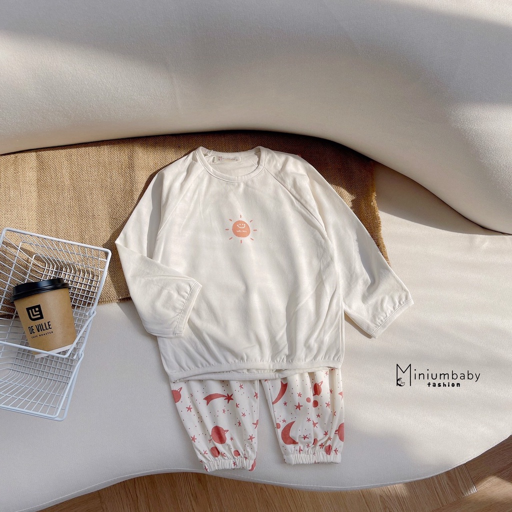 Bộ thu đông dài tay bé trai, bộ thun cotton mềm hoạ tiết xinh xắn bé gái